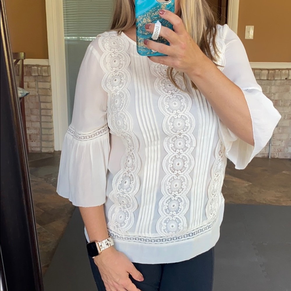 Ann Taylor Loft Medallion Lace Bell Sleeve Blouse